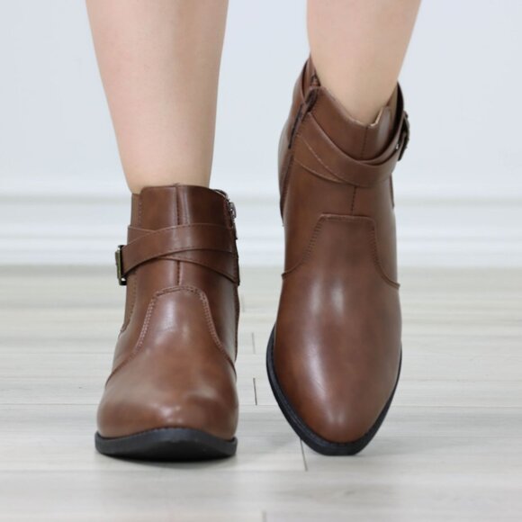 Brown Ankle Boots Buckle Strap Faux Leather Low Block Heel Side Zip - Picture 6 of 14